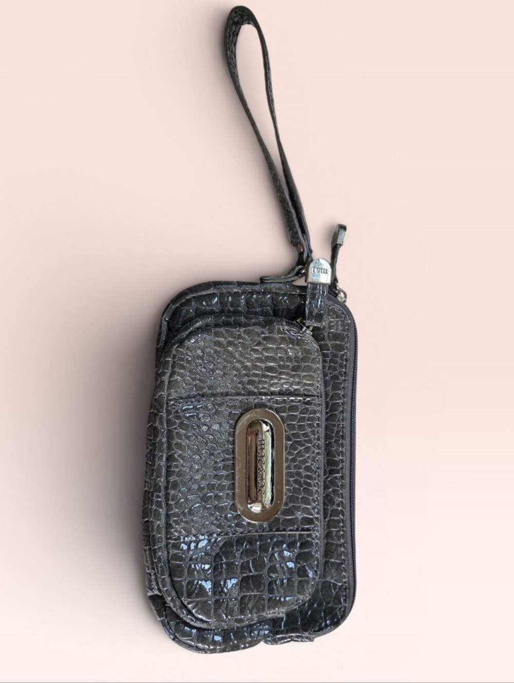 Mac & Jac Gray Faux-Snake Wristlet Clutch With 2 Zipper Compartments And Strap